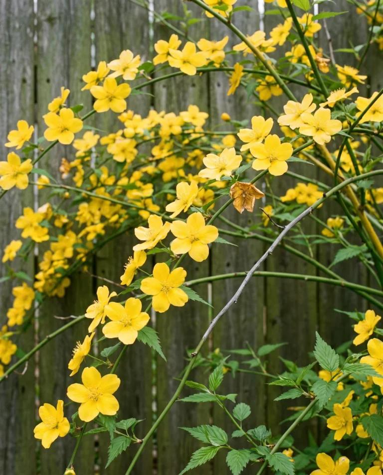 Kerria Simplex flowering profusely with plain five-petalled yellow flowers on arching bright green and yellowish stems