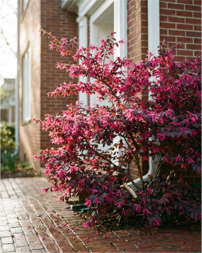 A mature purple-leaved loropetalum in full magenta bloom arching over a red brick walk at a Southern house