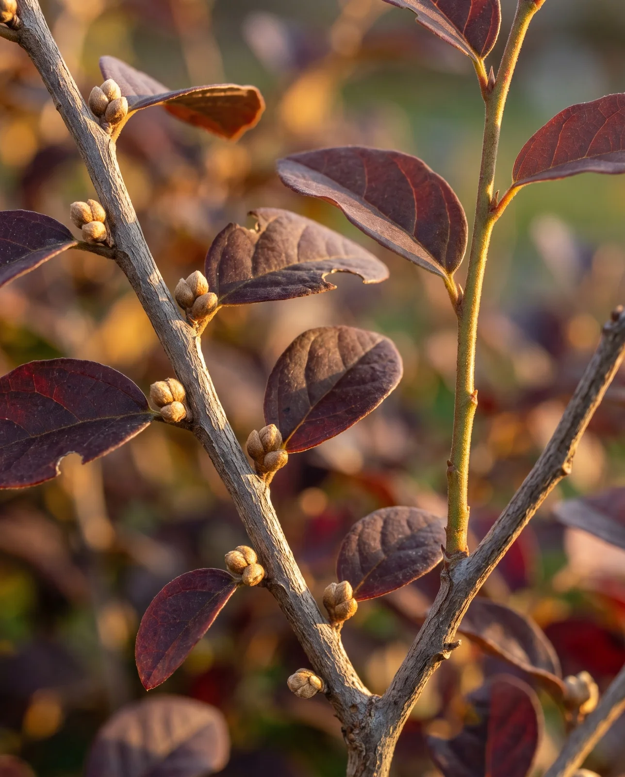 Tight flower buds set in the leaf axils of last year's grey wood in late summer, beside a soft new shoot with none