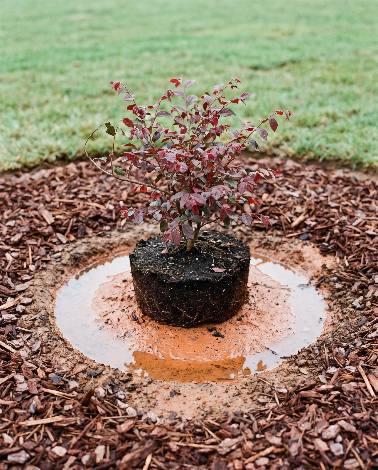 A newly planted loropetalum with its root ball crown set slightly high, a soil ring around it and mulch pulled back