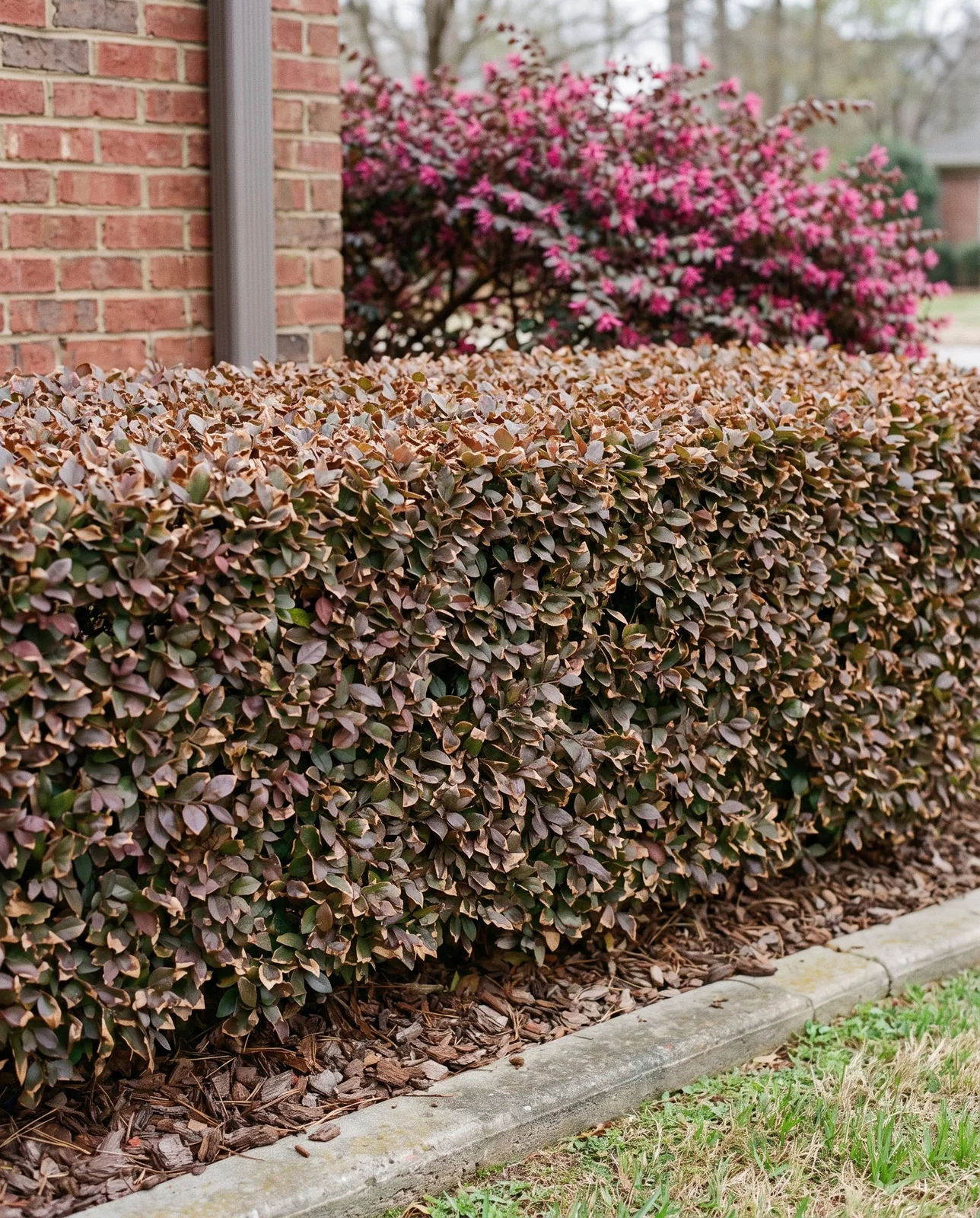 A tightly sheared loropetalum hedge standing flowerless in spring while an unpruned plant behind it is covered in bloom