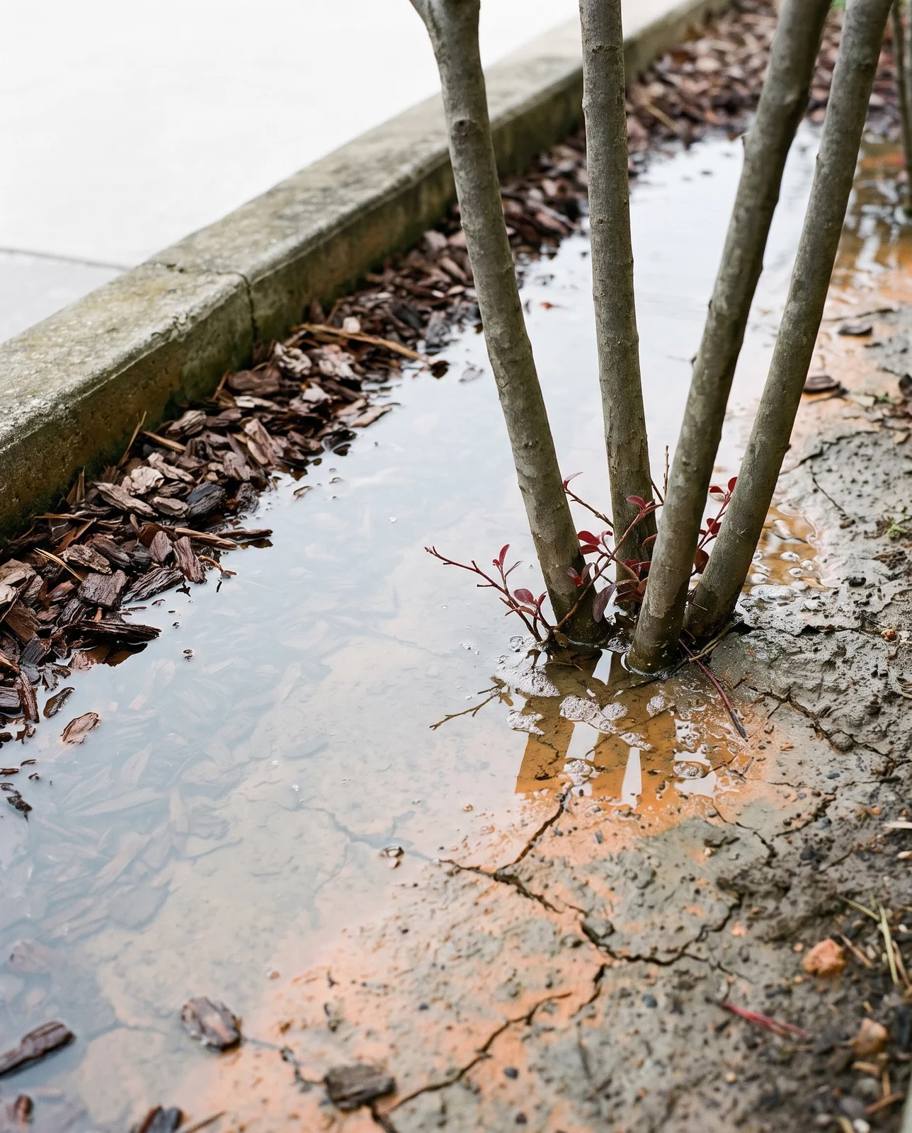 Standing water lying over saturated clay and floating mulch around the woody base of a loropetalum after heavy rain