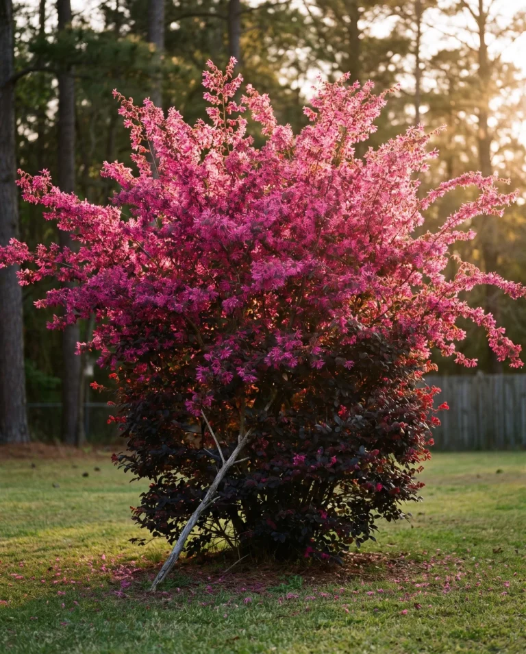 A tall Burgundy loropetalum in full magenta bloom at golden hour, deep wine foliage under the flowers