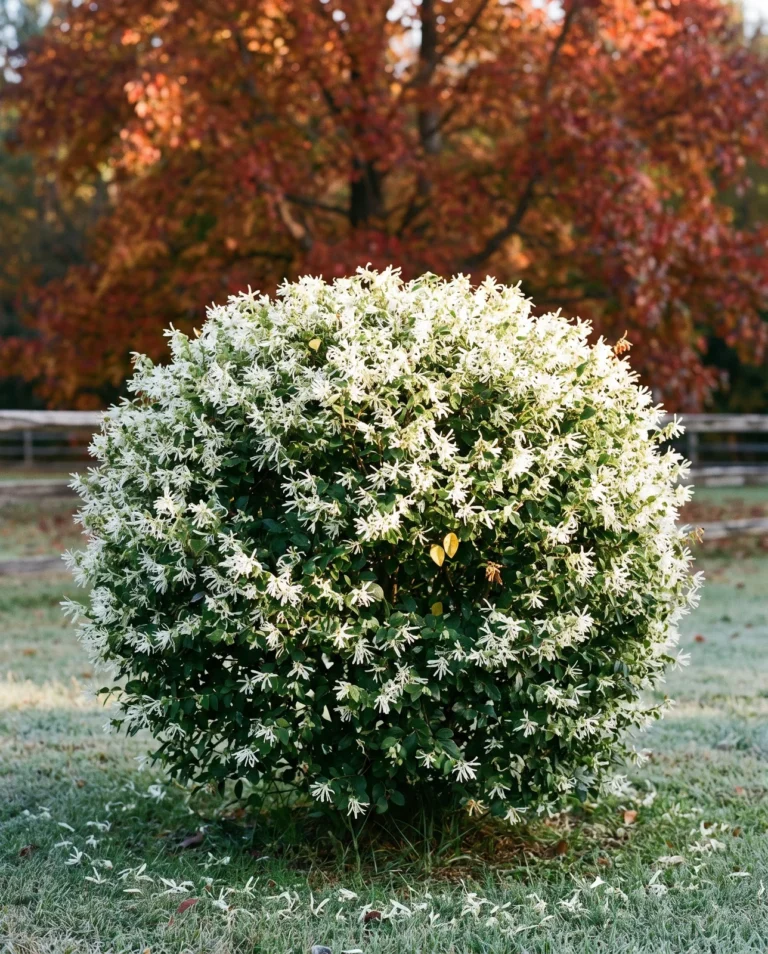 An Emerald Snow loropetalum flowering white in late October, green-leaved and covered in straps