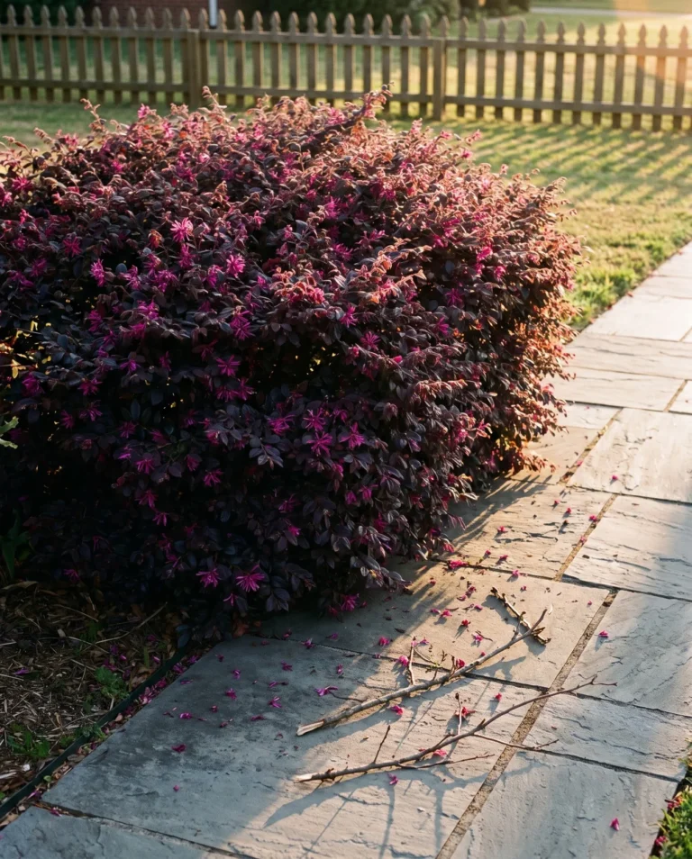 A dwarf Purple Daydream loropetalum grown much wider than it is tall along a garden walk in evening light