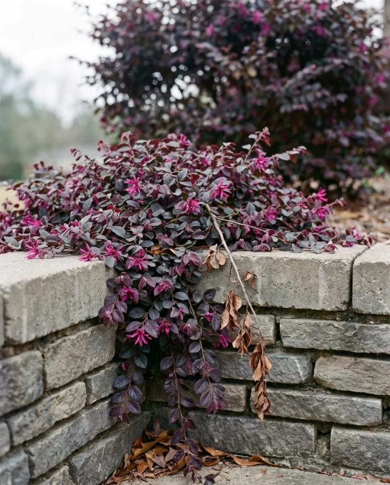 A weeping dwarf Purple Pixie loropetalum cascading over a low wall edge, barely a foot high