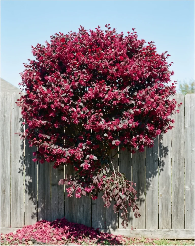 A large Ruby loropetalum in bloom at hard noon, twelve feet tall against a plain fence for scale