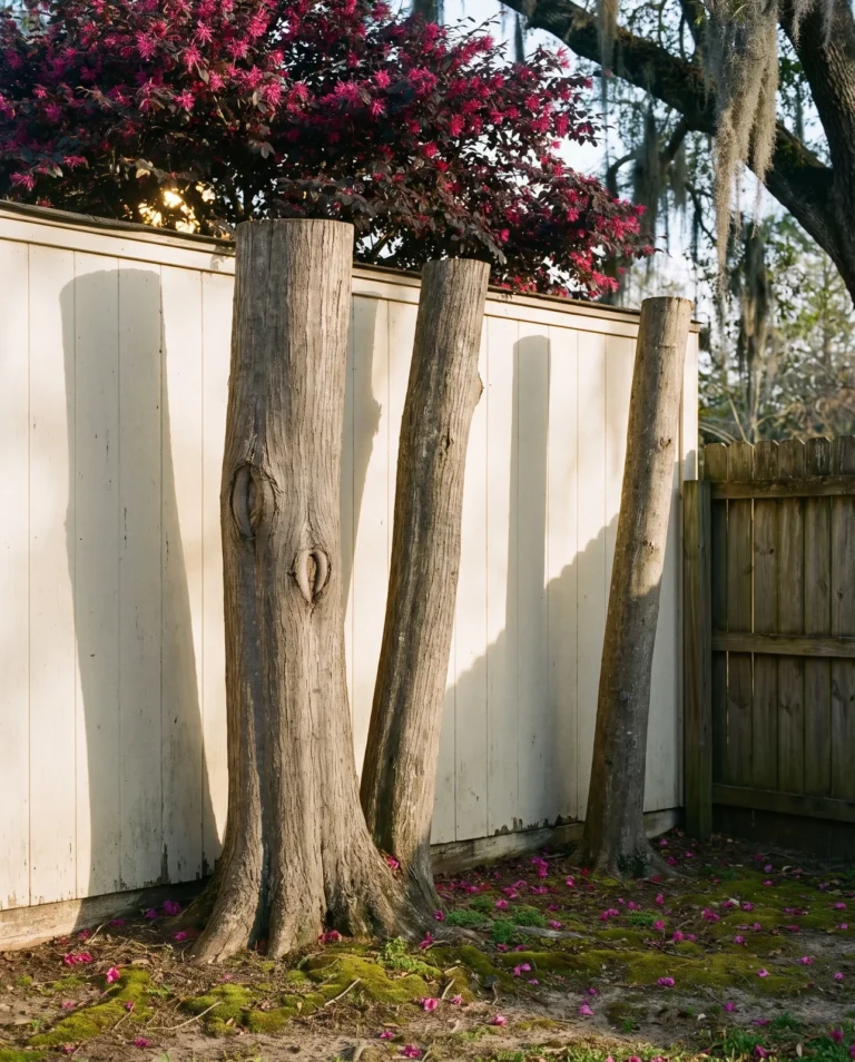 An old treelike Zhuzhou loropetalum with tall bare trunks and a high pink-flowered crown against a wall