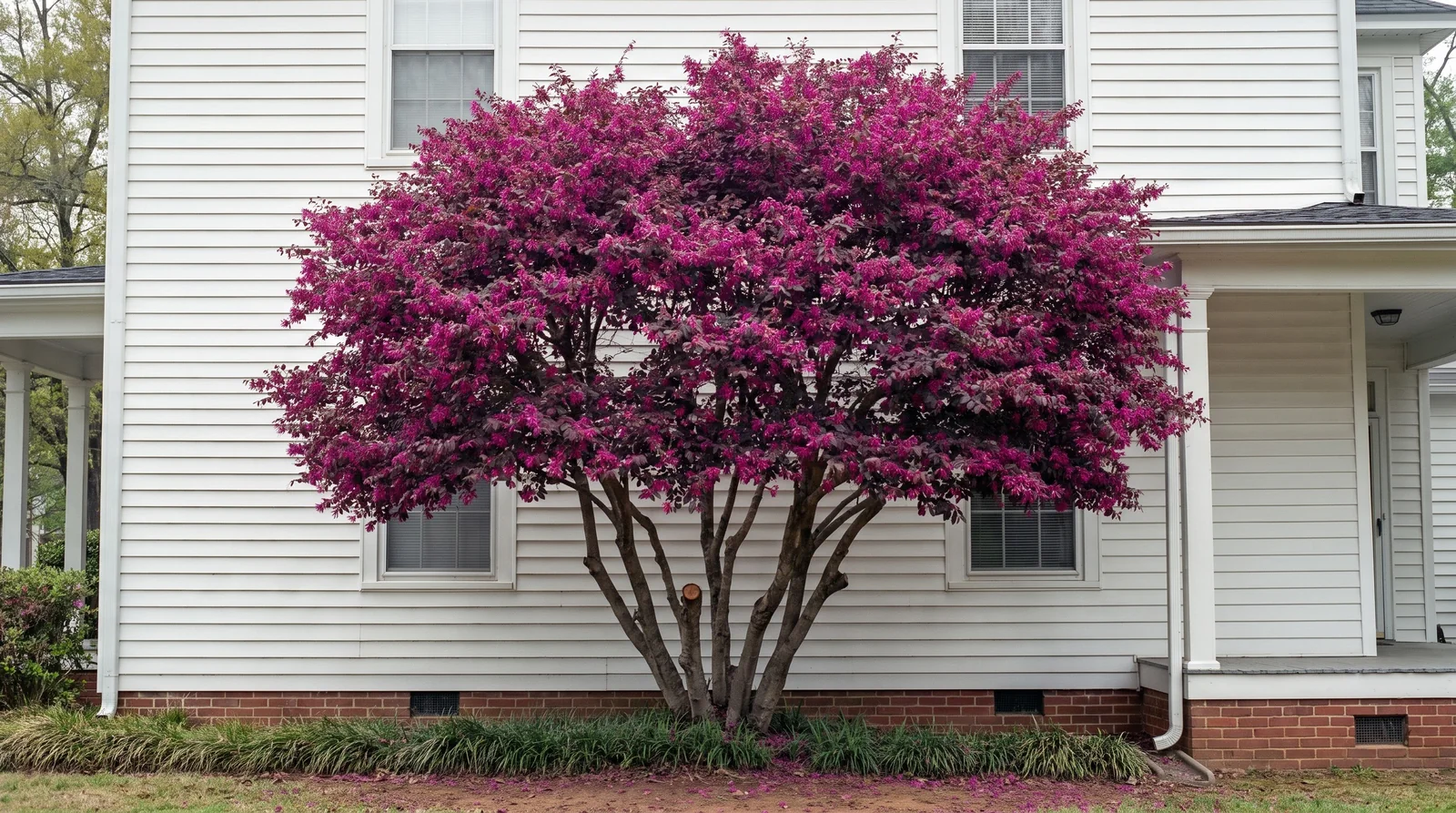An old loropetalum grown into a multi-trunk small tree reaching the second-floor windows of a two-storey house
