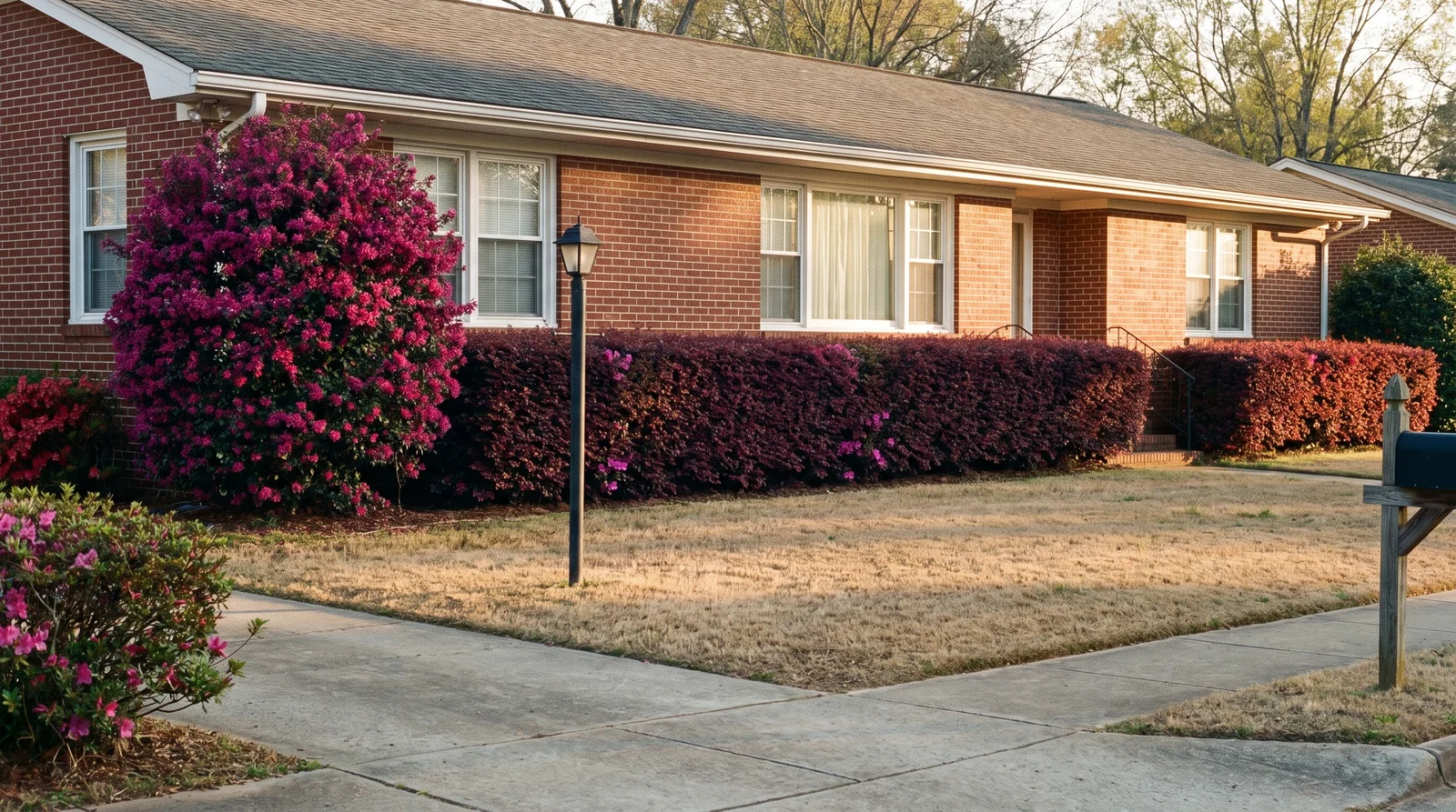 A low brick house front with a clipped dwarf loropetalum hedge under the windows and one large specimen at the corner