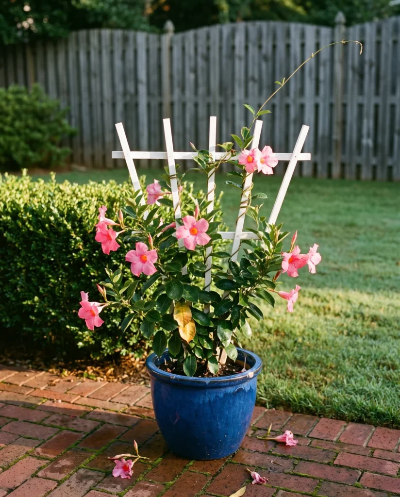 Pink mandevilla in full bloom on a white fan trellis in a glazed pot on a brick patio