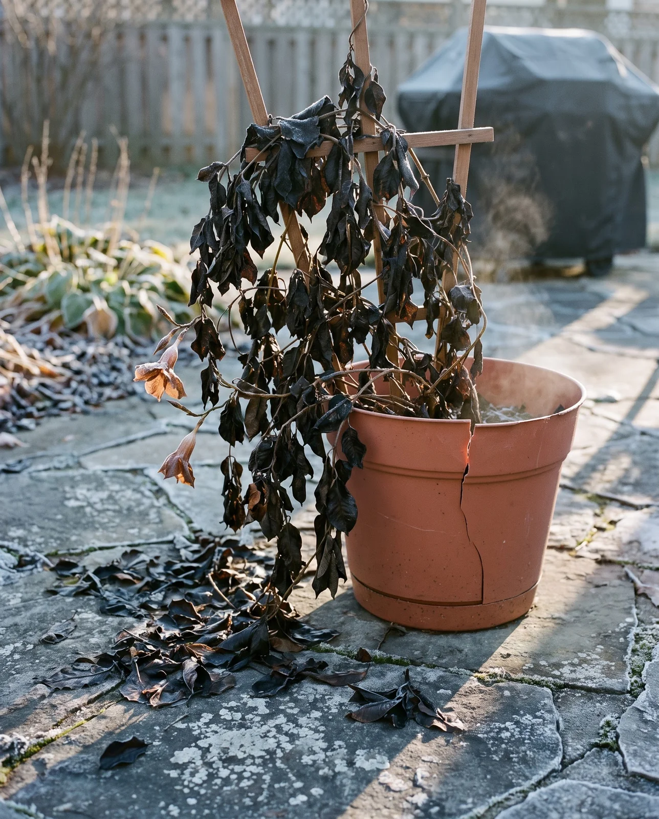 A frost blackened mandevilla still on its trellis in a patio pot after the first hard freeze