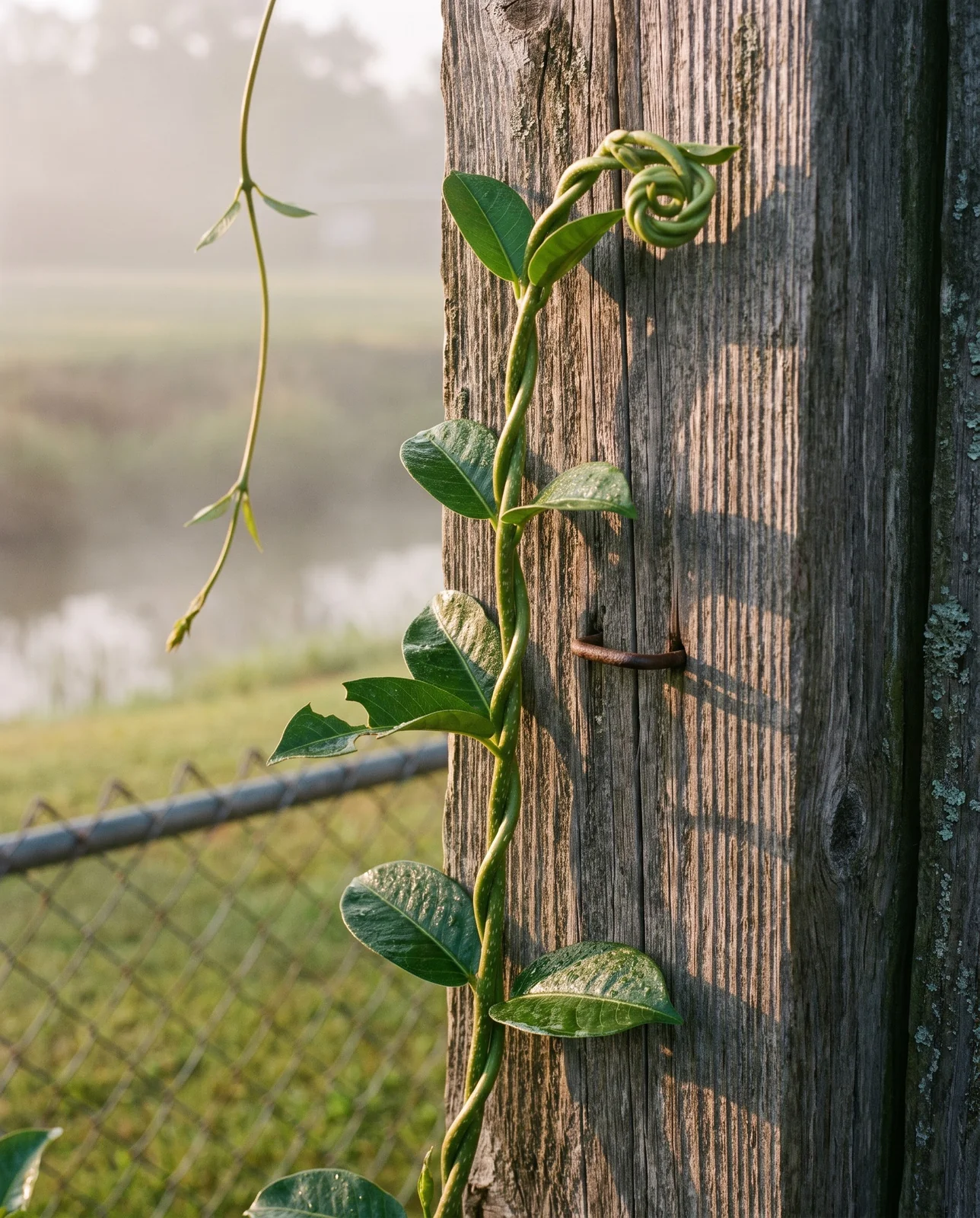 A mandevilla stem spiraling in one direction up a weathered cedar fence post at dawn