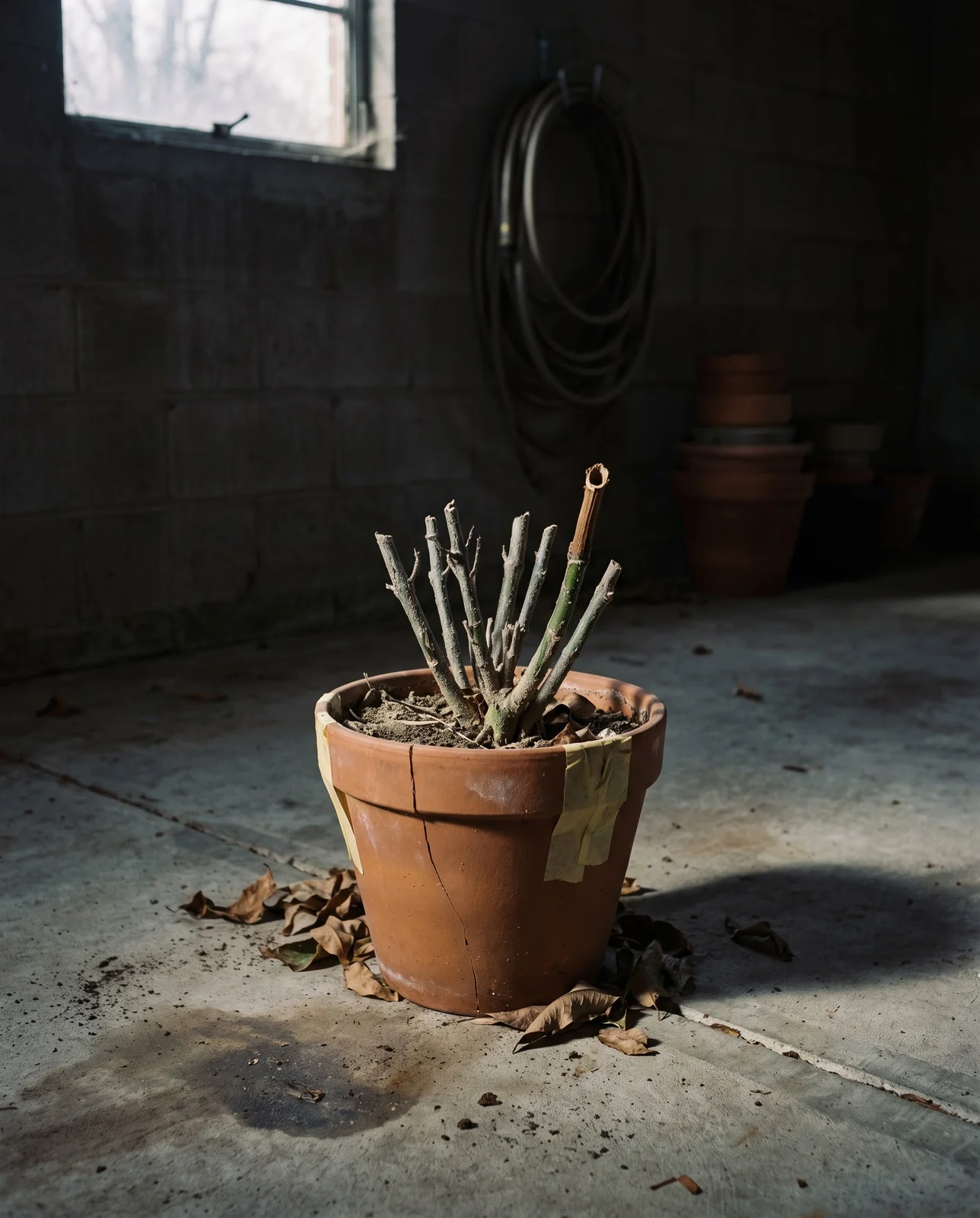 A leafless mandevilla cut to short stubs, stored semi-dormant on a cool garage floor