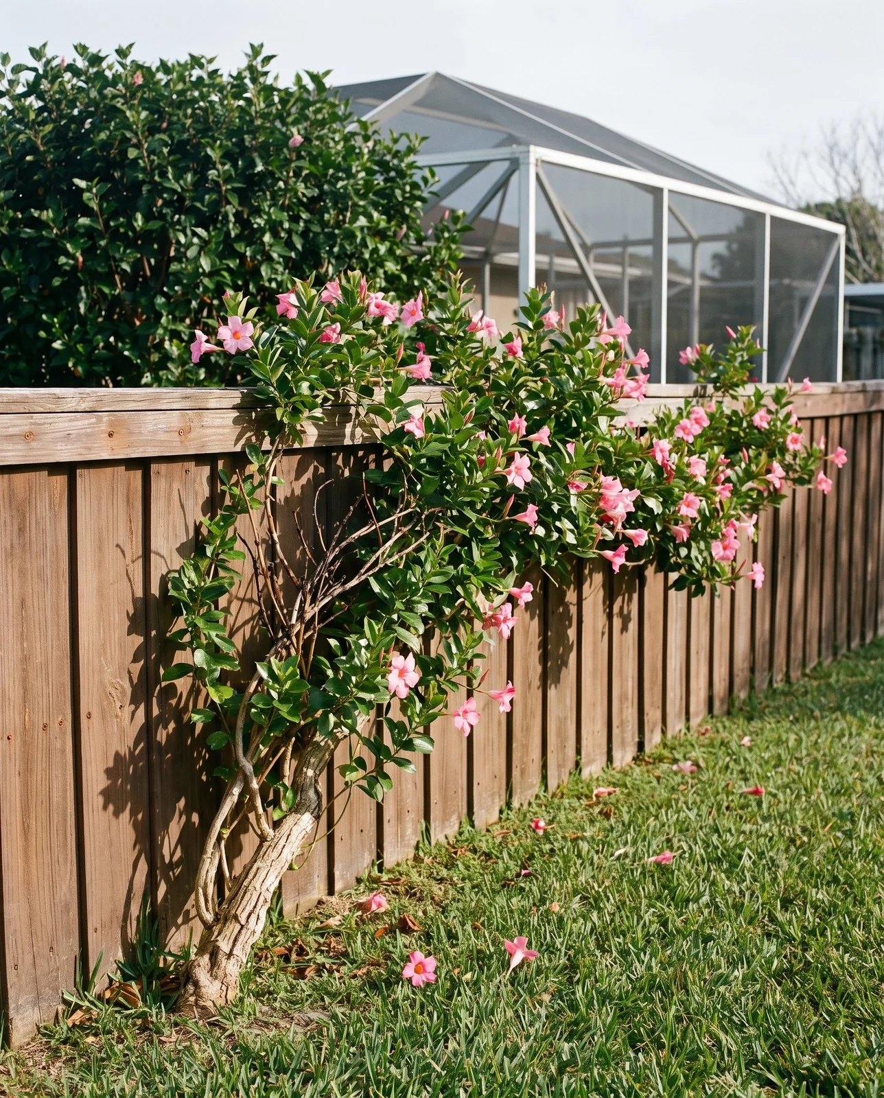 A mandevilla planted in the ground and still flowering on a fence in January in a frost free zone