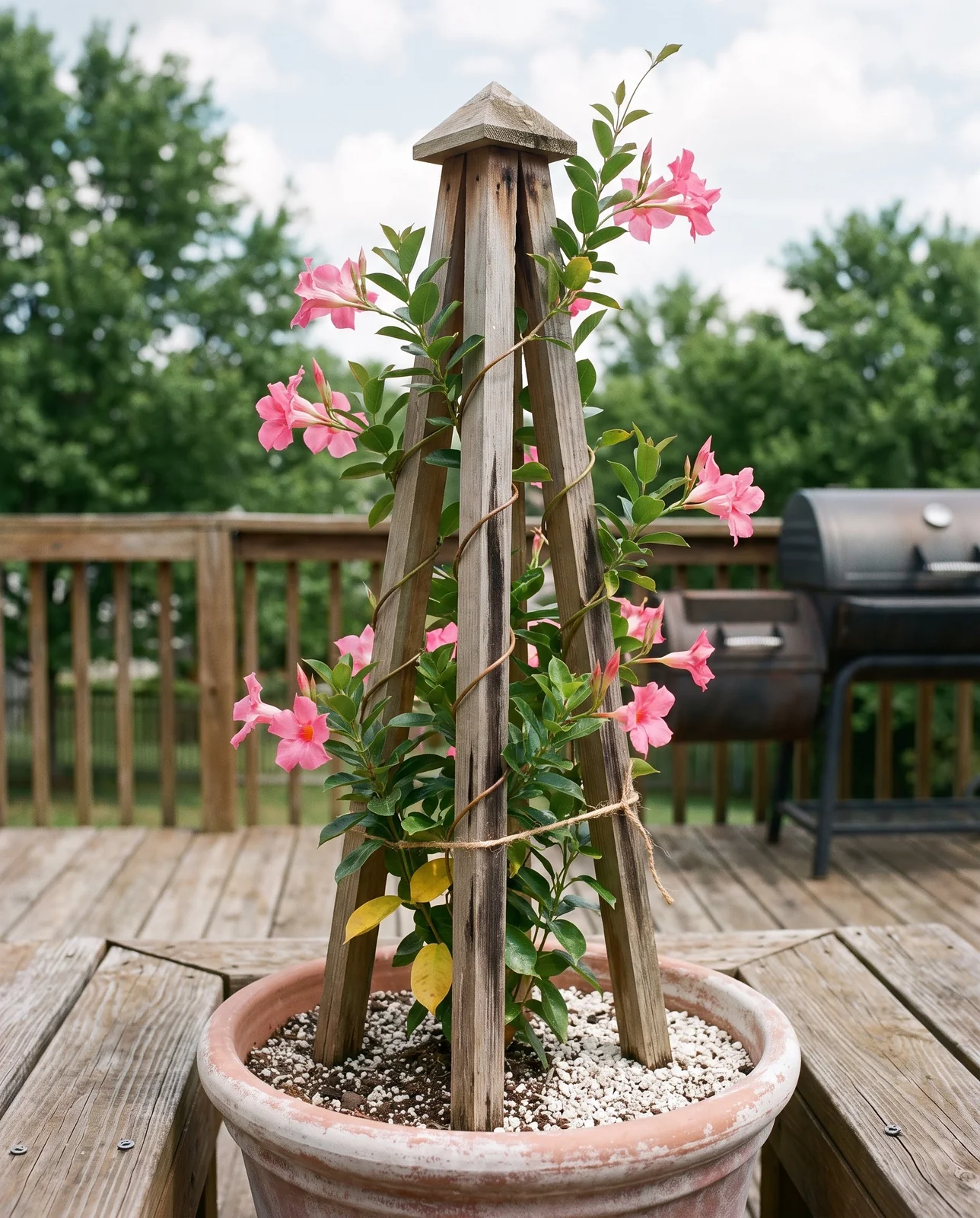 A mandevilla climbing a tall cedar obelisk set in a wide container on a deck