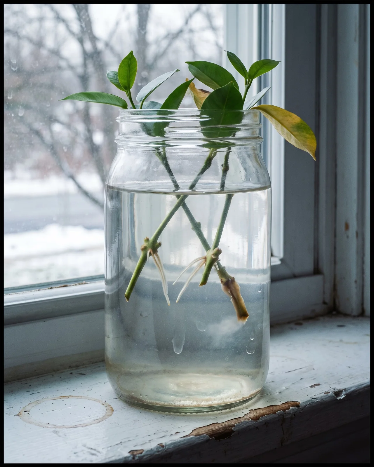Mandevilla cuttings rooting in a glass jar of water on a kitchen windowsill