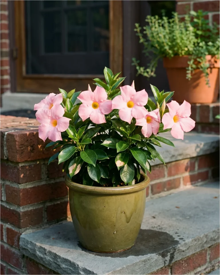 A compact hybrid mandevilla carrying large flowers on a low shrubby plant with no trellis