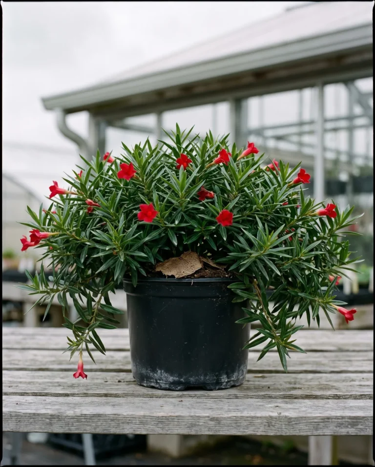 A bushy dipladenia with small pointed glossy leaves mounding in a pot with no support