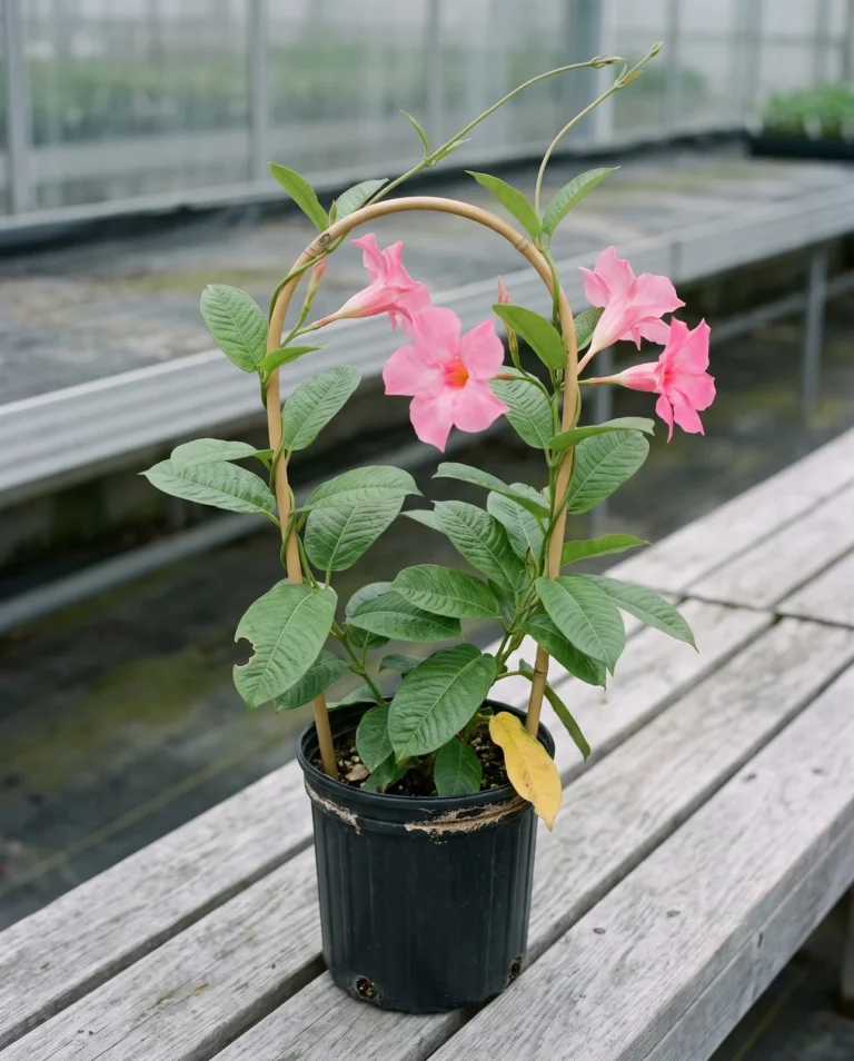 A large leaved mandevilla vine twining up a bamboo hoop on a nursery bench