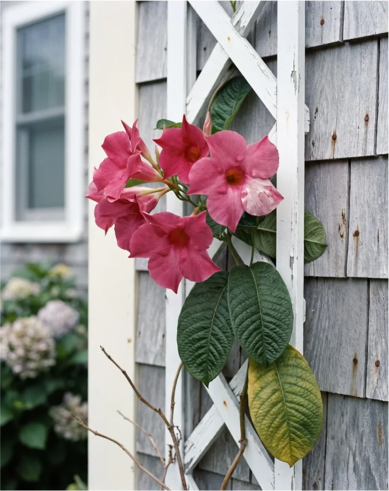 Classic pink Alice du Pont mandevilla on white lattice against a clapboard wall