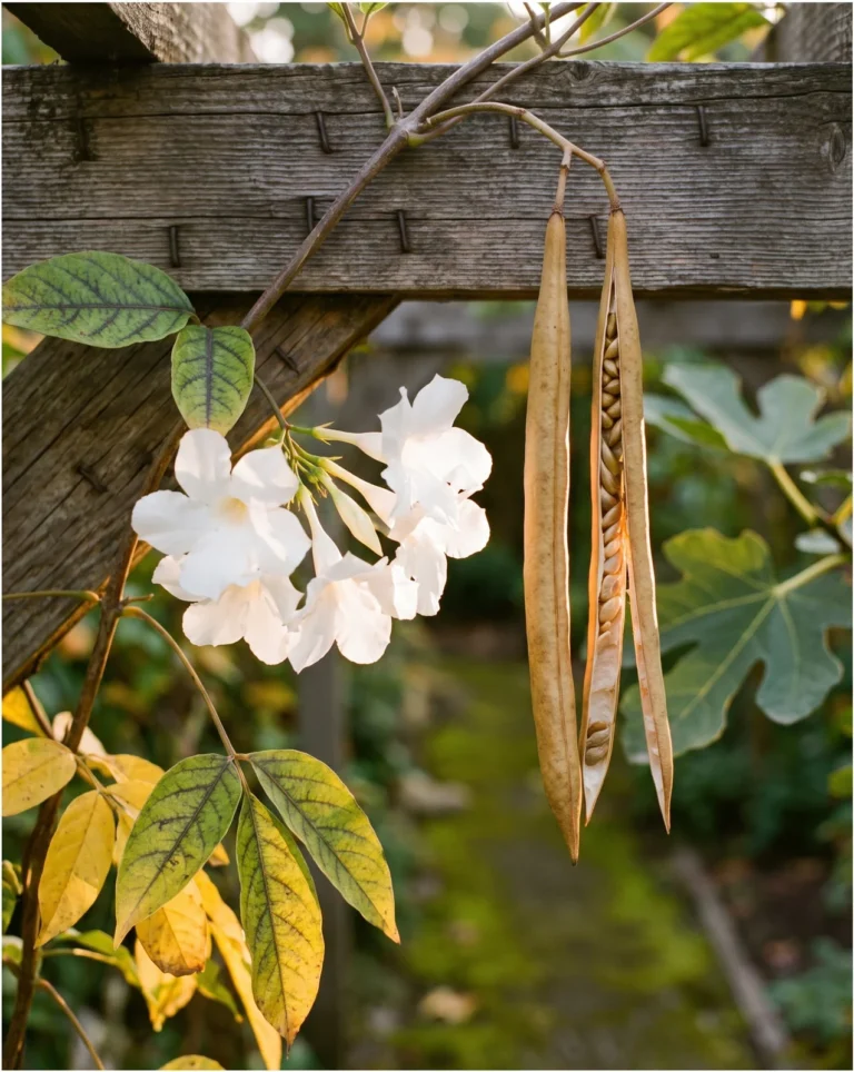 Chilean jasmine on an old wooden arbor with white flowers and slender bean-like seed pods