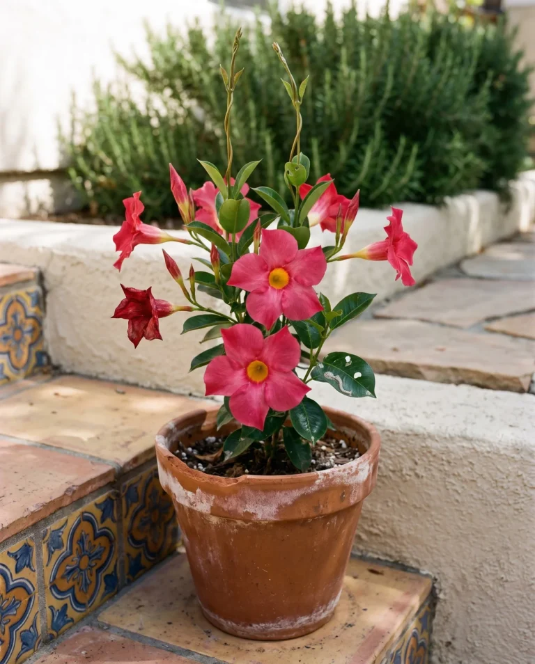 Rosy pink Red Riding Hood dipladenia with a yellow throat in a terracotta pot on tiled steps