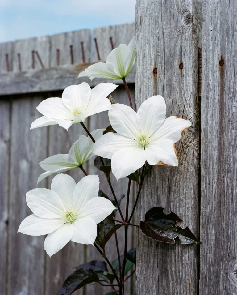 White Summer Snow mandevilla flowers against dark glossy foliage on a weathered grey fence
