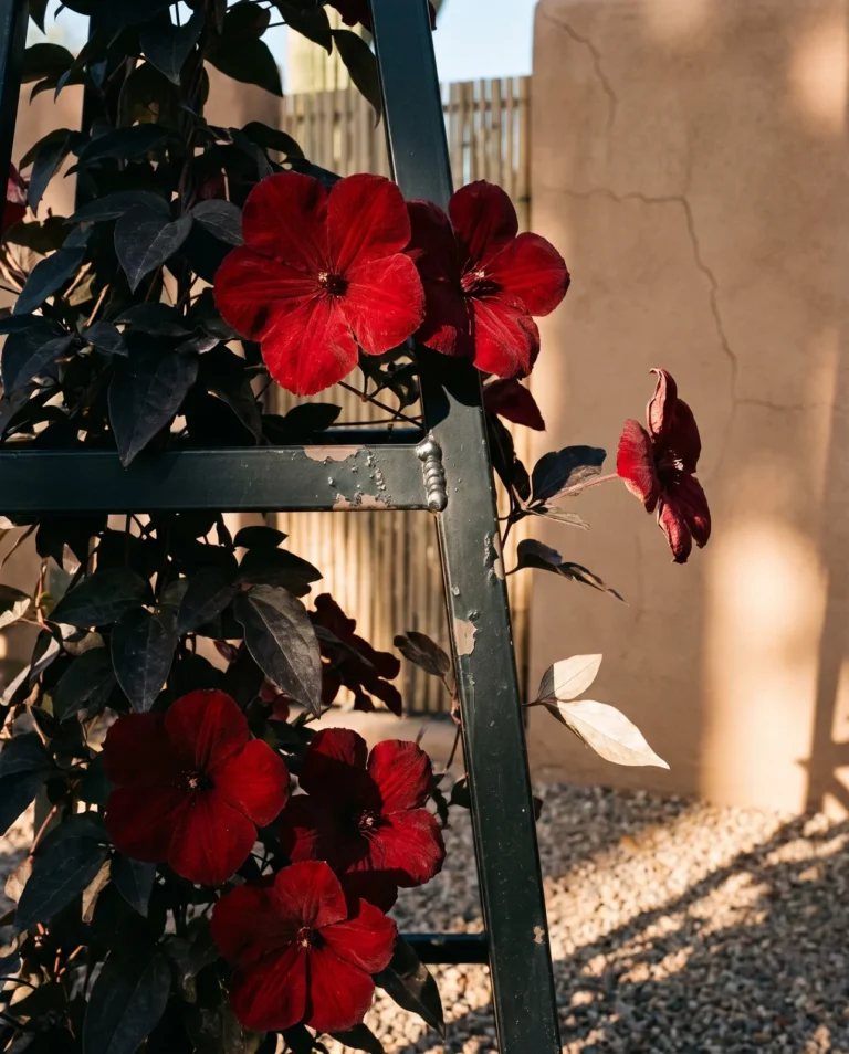 Velvety red Sun Parasol Giant Red Emperor mandevilla on a black metal obelisk in a courtyard
