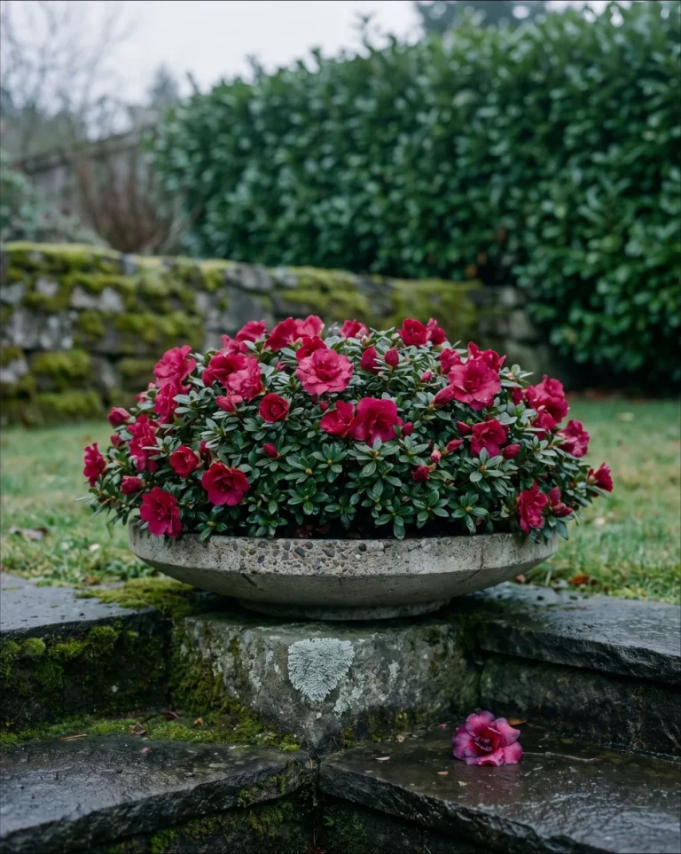 Compact crimson SunParasol Original mandevilla mounding in a low bowl planter on stone steps