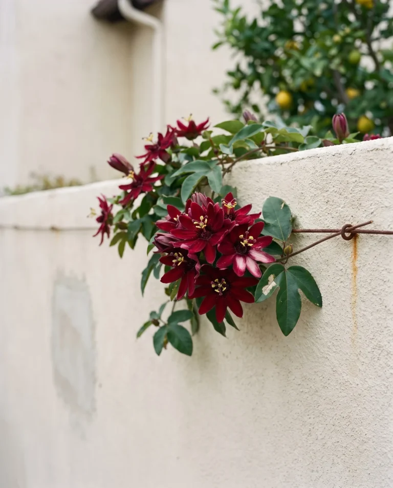 Dark red Velvet Red mandevilla with yellow stamens spreading across a stucco garden wall