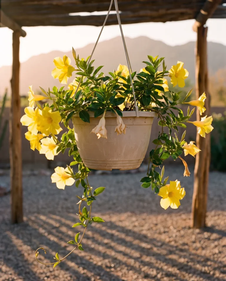 Yellow mandevilla flowers spilling from a hanging basket under a ramada in warm evening light