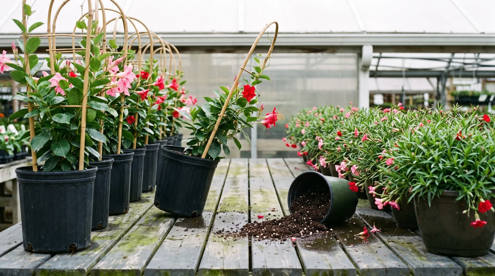 Nursery bench with tall trellised mandevilla vines on one side and squat bushy dipladenia pots on the other