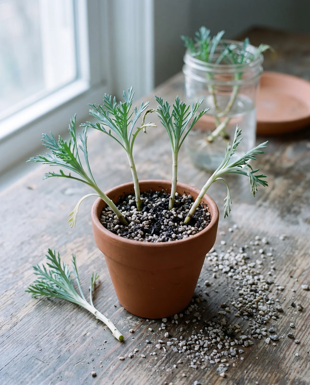 Four marguerite daisy stem cuttings set in a small clay pot of gritty mix beside a cool north window