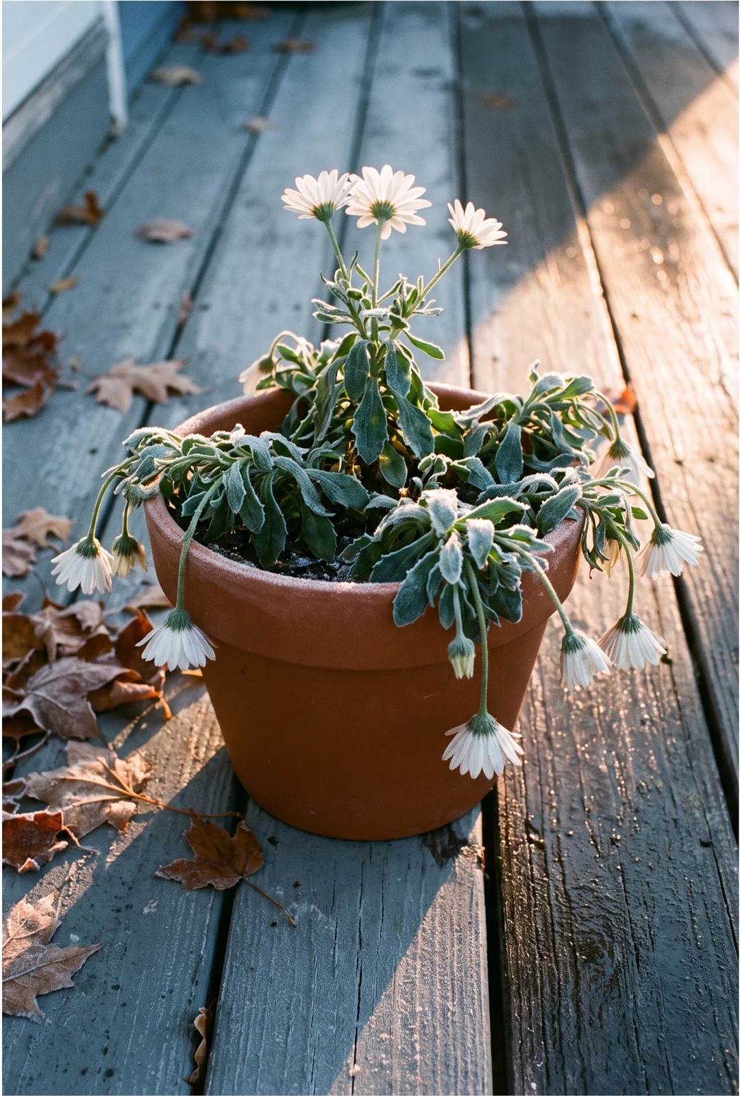 A potted marguerite daisy collapsed limp after a first hard frost, with rime still white on the porch boards