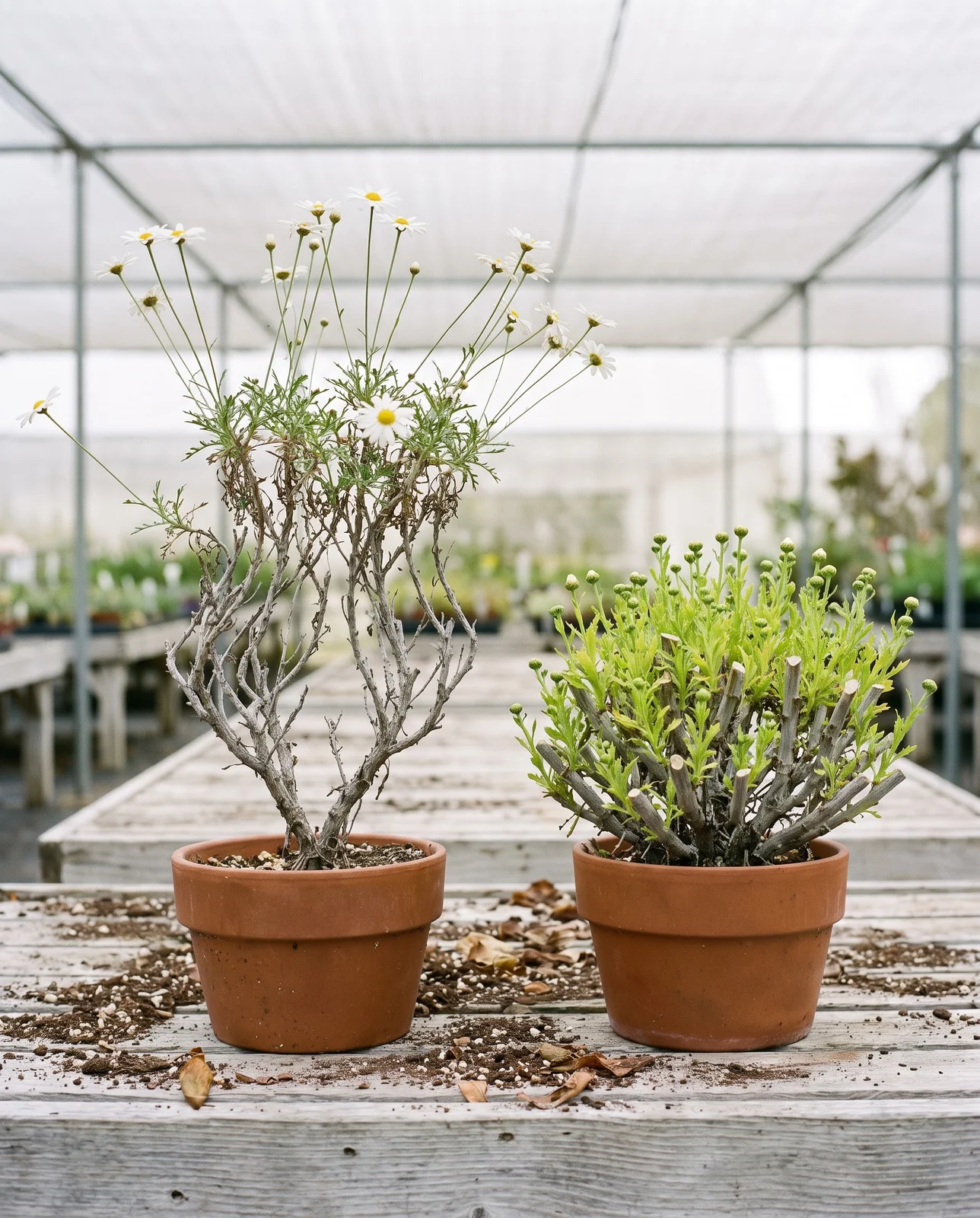 A leggy open marguerite daisy beside a hard-cut low dome breaking fresh shoots, both on one nursery bench