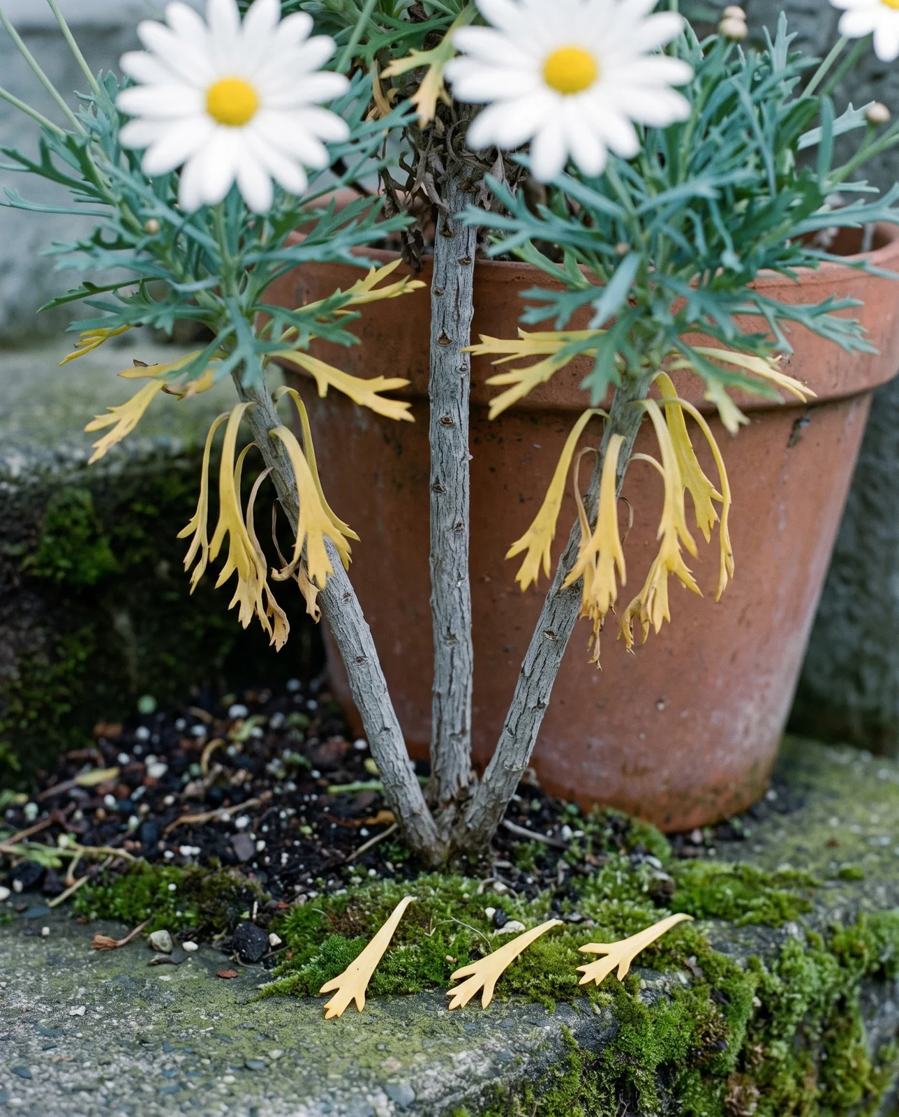 The bare grey woody base of an old marguerite daisy with evenly yellow old leaves below sound green growth