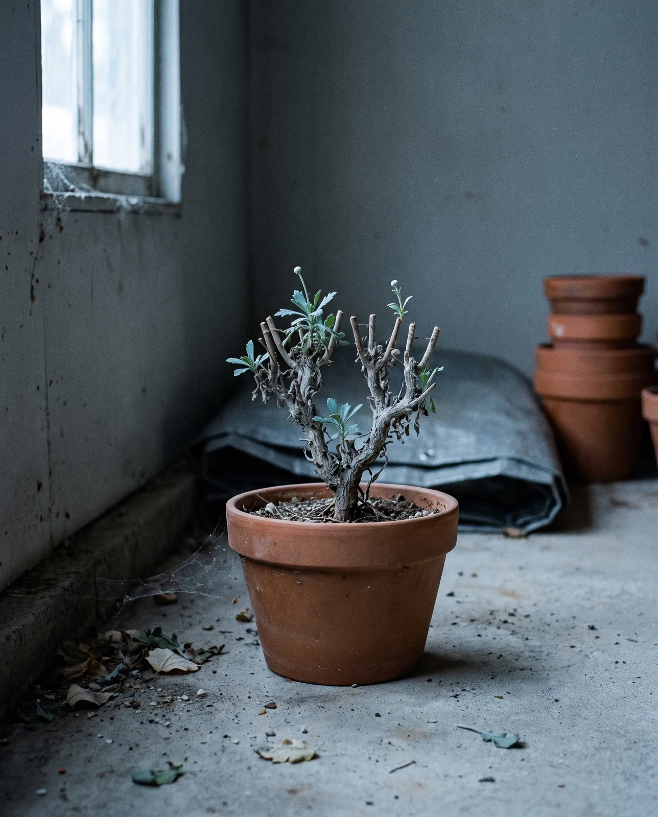 A cut-back marguerite daisy in a clay pot on a cold garage floor in February, breaking its first small shoots