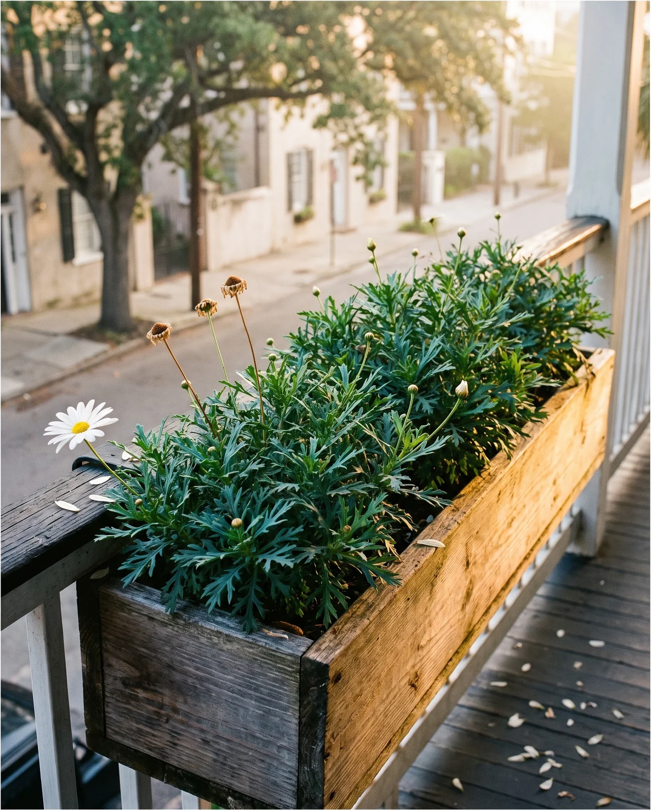 A sound green marguerite daisy in a piazza rail planter in August carrying one open flower and a row of spent centres