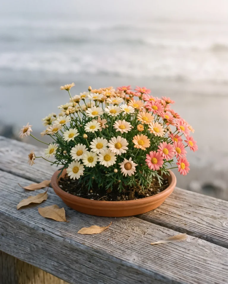 A low bushy marguerite daisy whose creamy petite flowers age through pale yellow to coral pink on one plant