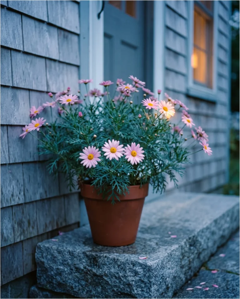 A soft pink marguerite daisy on a weathered cottage doorstep at dusk, its pale petals holding the last light