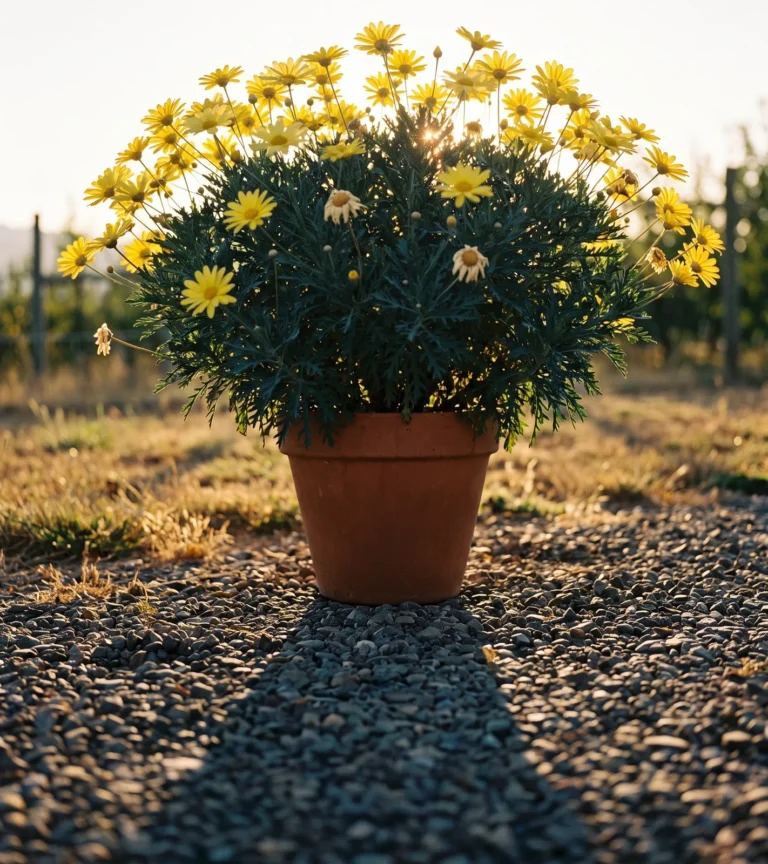 A yellow-flowered marguerite daisy backlit at golden hour on a gravel drive, single rays glowing