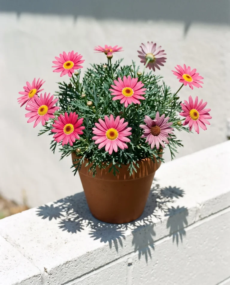 A compact rose-pink marguerite daisy shot close so the dark red eye inside each yellow centre is plain