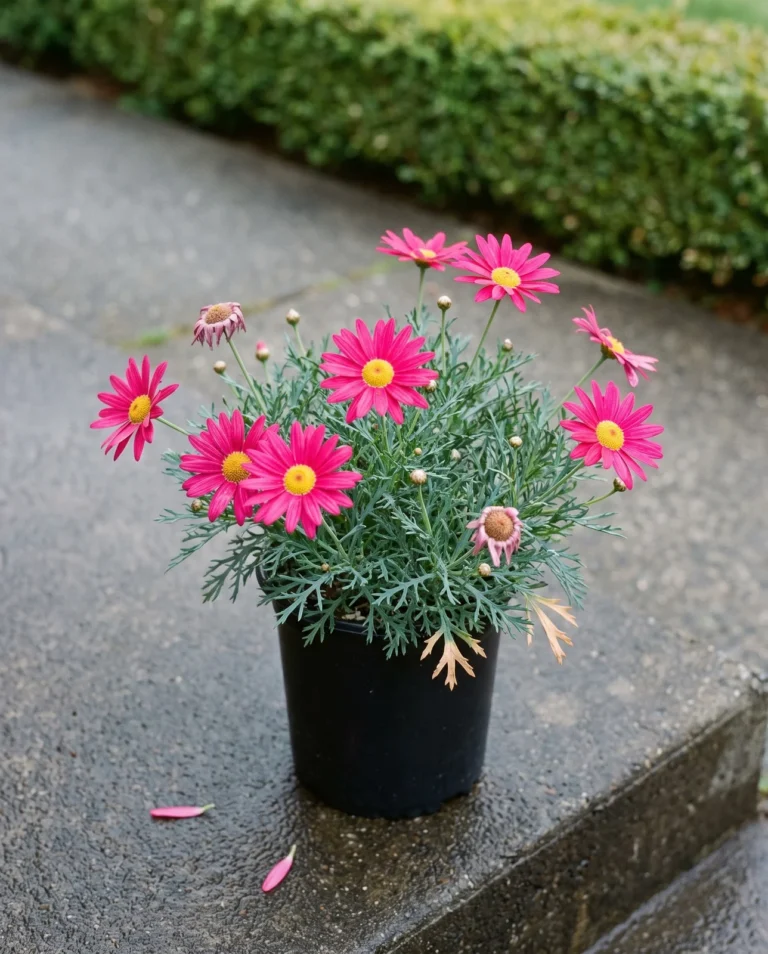 A neon pink marguerite daisy shot under thin bright cloud so its intense colour reads without glare
