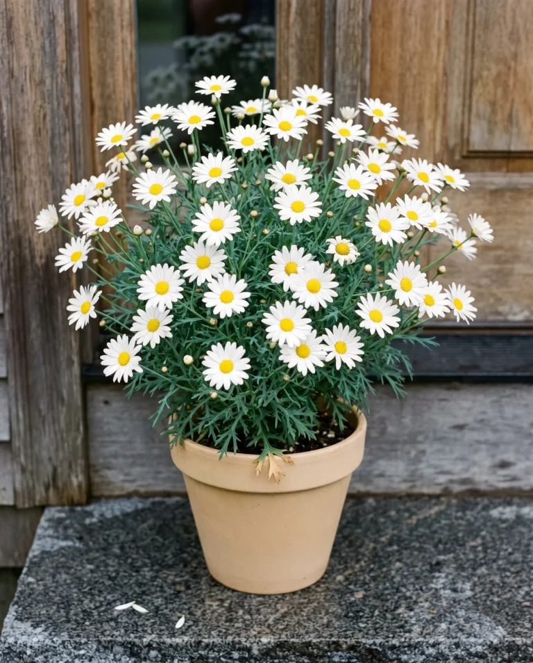 A tall upright white marguerite daisy covered in flowers on a granite doorstep under bright overcast
