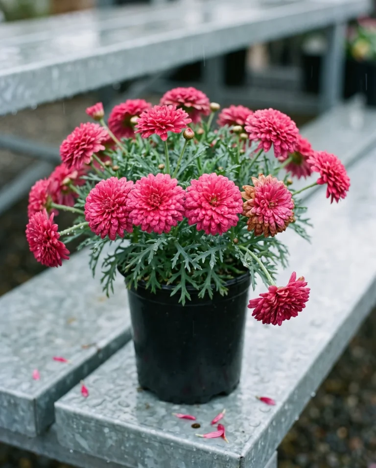 A short marguerite daisy carrying masses of fully double rose-pink flowers with no visible yellow centre