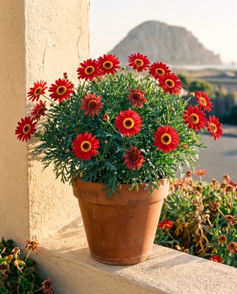 A red-flowered marguerite daisy with a yellow ring around each red centre, on a warm stucco ledge late in the day