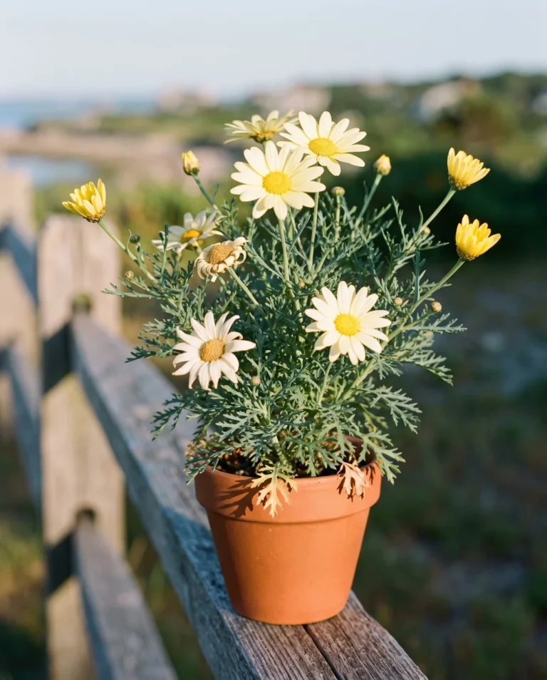 A pale yellow marguerite daisy with older flowers faded to creamy white, on a silvered fence in evening side light