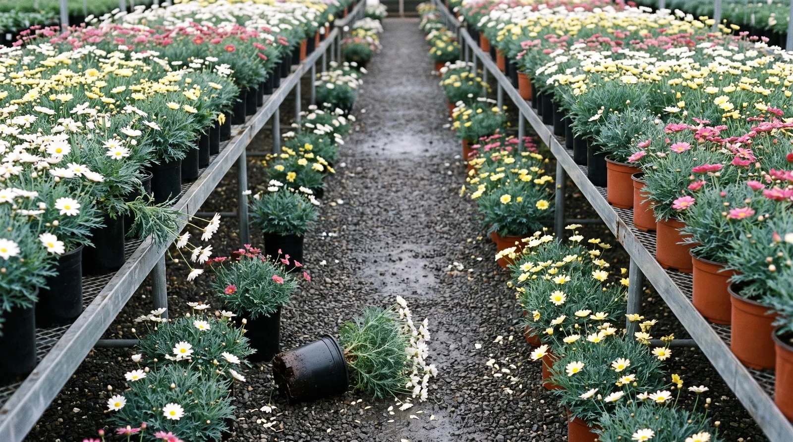 A nursery sales aisle in spring lined with dozens of flowering marguerite daisies in plain black and terracotta pots