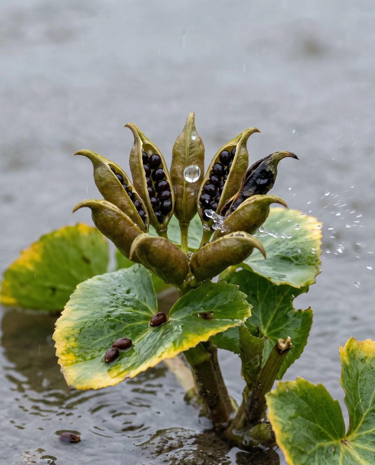 A ring of split marsh marigold seed pods full of dark seeds with raindrops striking them at a pond edge